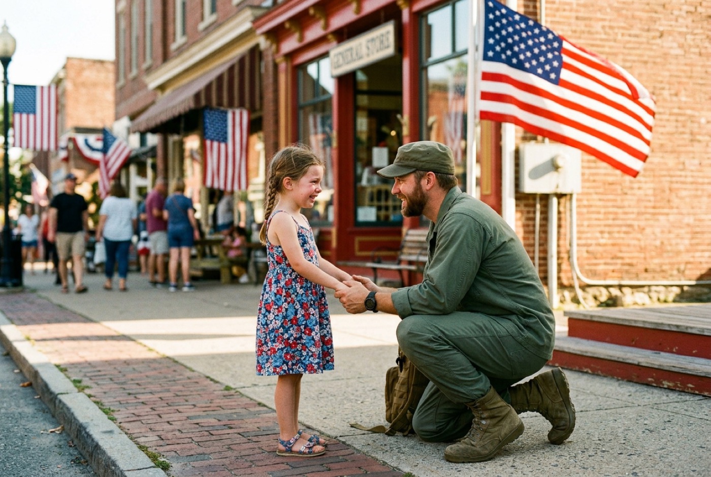 A service member kneeling to hold hands with his young daughter on a flag-lined main street