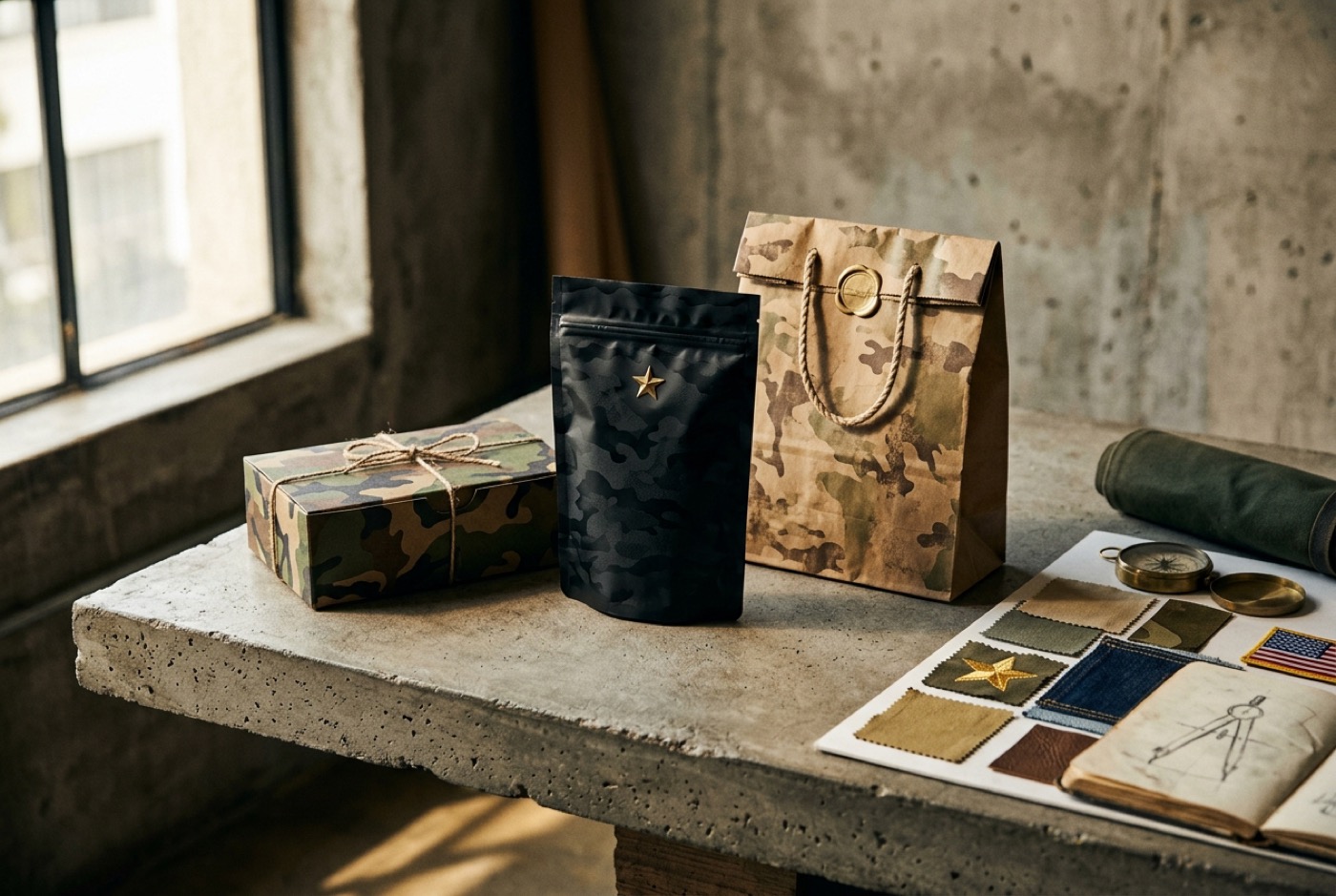 Camouflage-styled fictional product packaging by a window