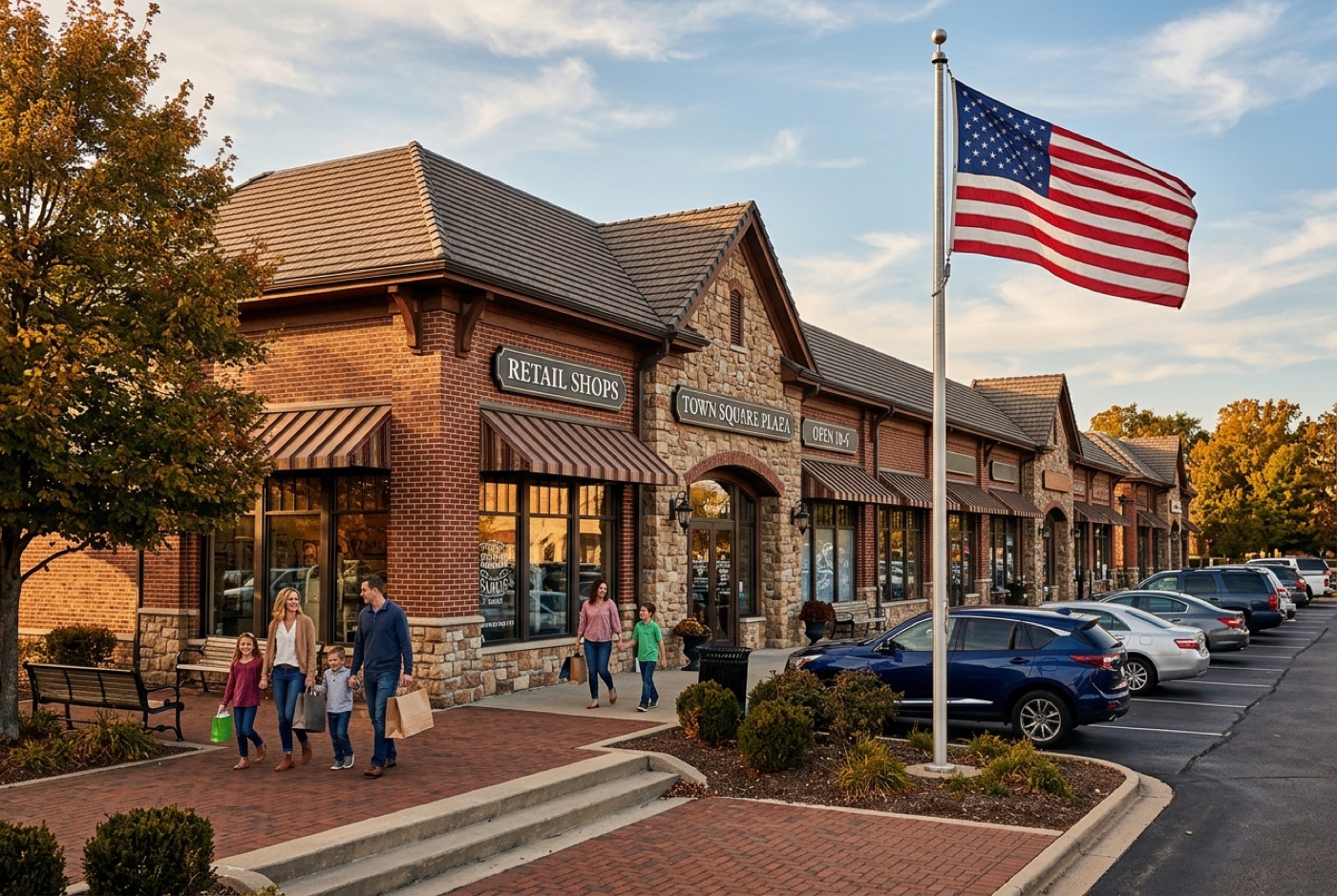 Retail plaza storefront with families and an American flag