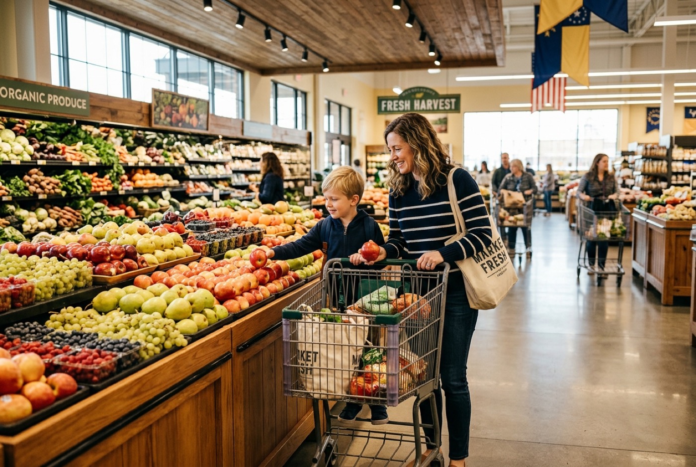 Bright commissary produce aisle with a family shopping
