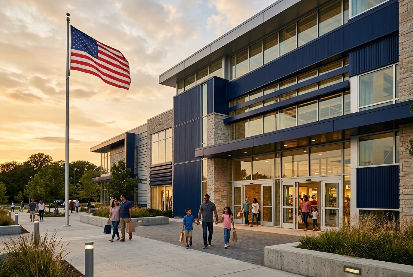 Modern exchange storefront at golden hour with an American flag