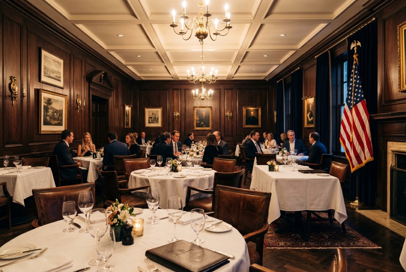 Elegant club dining room with set tables