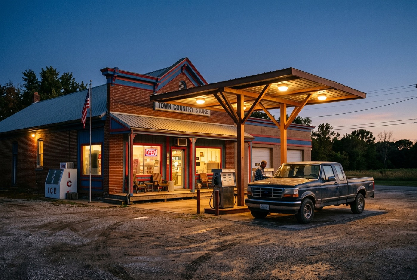 Convenience store and fuel canopy at dusk