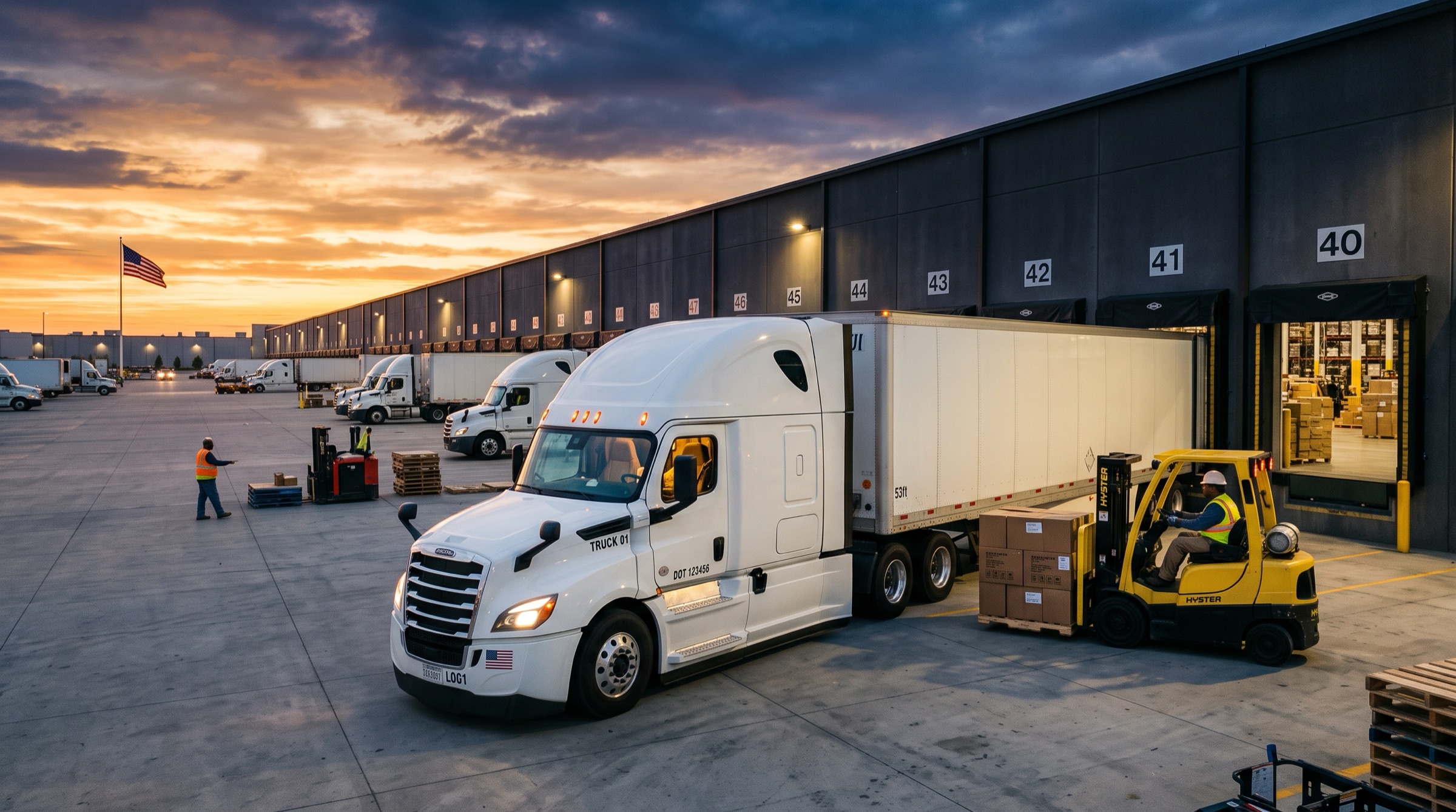 Semi truck and forklift working a distribution center dock at dawn